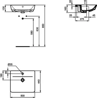 Ideal Standard Halbeinbauwaschtisch Connect Air, 1 Hahnloch, mit Überlauf, 500x440x160mm, Weiß – Bild 5