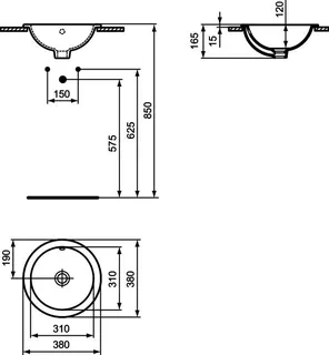Ideal Standard Einbauwaschtisch Connect, rund, ohne Hahnloch, mit Überlauf, 380x380x165mm, Weiß – Bild 2