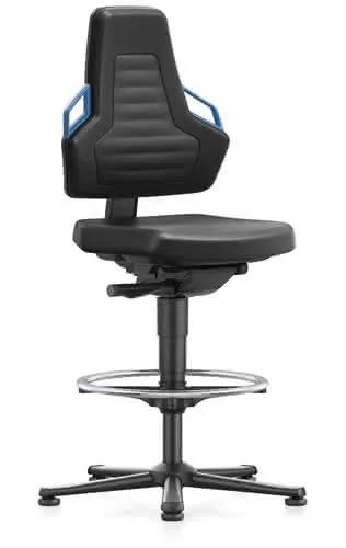 Arbeitsdrehstuhl Nexxit Gleiter+Fußring PU-Schaum schwarz Griff blau 570-820mm