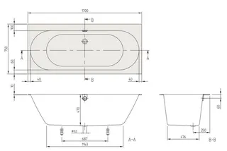 ARTO-Quaryl-Badewanne A18 rechteck DUO 1700x750x470mm Füße Ab-/Überlaufgrt weiß – Bild 3