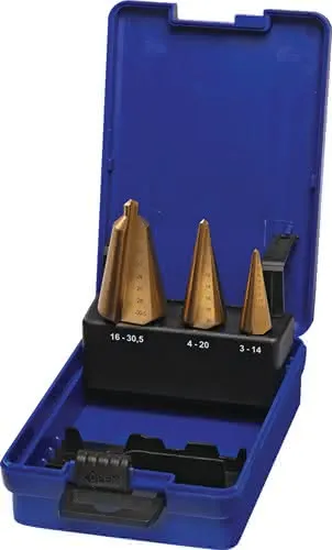 Blechschälbohrersatz 3-14/4-20/16-30,5mm HSS-TiN 3tlg.Ku.-Kass.PROMAT