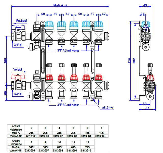 comfort-Edelstahl-Verteiler für EGO- System 6 Gr. Typ e class 18 DN 20 (3/4")