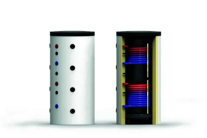 comfort-Pufferspeicher Typ PS-SS 600 mit 2 WT, Isolierung und Folienmantel silber