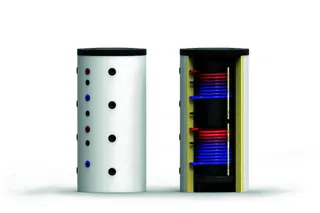 comfort-Pufferspeicher Typ PS-SS 825 mit 2 Waschtisch, Isolierung und Folienmantel weiß