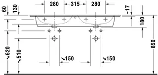 Duravit Doppel-Waschtisch ME by Starck 1300mm,m.ÜL,m.HLB,o.HL,weißseidenmatt – Bild 5
