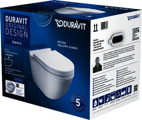 Duravit Wand-WC Set Starck 3, rimless, Weiß Tiefspüler, Durafix u.WC-Sitz m.Absenk.