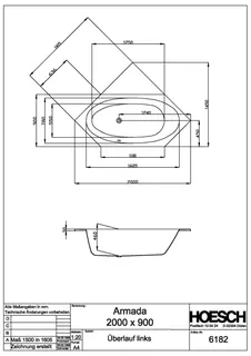 Hoesch Badewanne Armada 6-Eck 2000x900 Überlauf links, Weiß – Bild 2