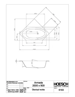 Hoesch Badewanne Armada 6-Eck 2000x900 Überlauf rechts, Weiß – Bild 2