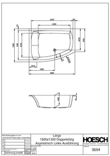 Hoesch Badewanne Largo asymmetrisch 1800x1300 links, Weiß – Bild 2