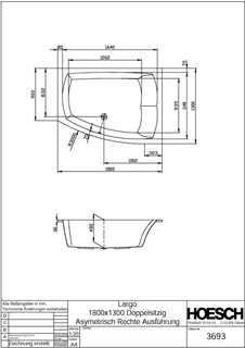 Hoesch Badewanne Largo asymmetrisch 1800x1300 rechts, Weiß – Bild 2