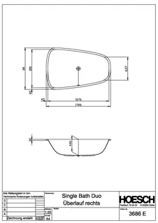 Hoesch Badewanne SingleBath Duo 1766x1141 f. Einb. Überlauf rechts, Weiß – Bild 2