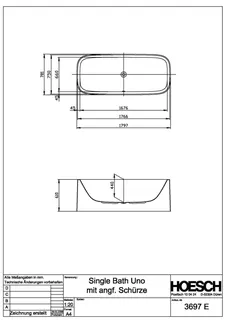 Hoesch Badewanne SingleBath Uno 1798x782 freist.& ang. Sch. ohne Podest, Weiß – Bild 2
