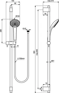 Ideal Standard Brausekombination Idealrain Pro 900mm 3-Funktionshandbrause,d:100mm Chrom – Bild 4