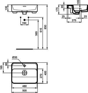 Ideal Standard Halbeinbauwaschtisch Strada II, 1 Hahnloch, mit Überlauf, 500x400x175mm, Weiß – Bild 5
