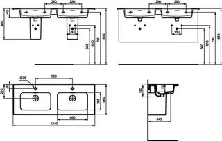 Ideal Standard Möbeldoppel-Waschtisch Strada II, ohne Hahnloch, mit Überlauf, 1240x460x180mm, Weiß – Bild 5