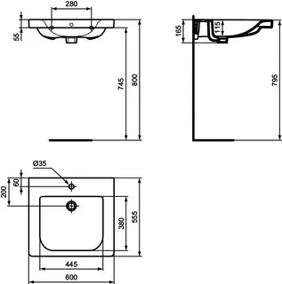 Ideal Standard Waschtisch Connect Freedom,1 Hahnloch,mit Überlauf ,unterfahrbar, 600x555x165mm, Weiß – Bild 5