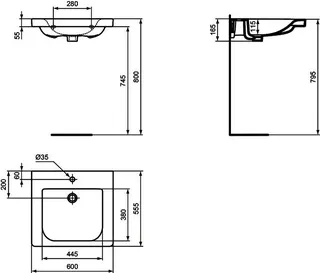 Ideal Standard Waschtisch Connect Freedom,1 Hahnloch,ohne Überlauf ,unterfahrbar, 600x555x165mm, Weiß – Bild 2