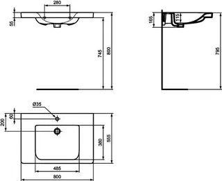Ideal Standard Waschtisch Connect Freedom,1 Hahnloch,ohne Überlauf ,unterfahrbar, 800x555x165mm, Weiß – Bild 2