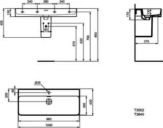 Ideal Standard Waschtisch Strada II, ohne Hahnloch, mit Überlauf, 1000x430x170mm, Weiß – Bild 5