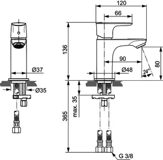 Ideal Standard Waschtisch-Arm. Connect Air, Piccolo,5l/min., o.Ablgarn., Ausld.90mm, Chrom – Bild 4