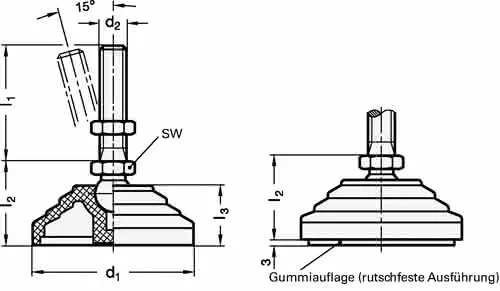 Kunststoff-Gelenkfuß GN 344 d1 60 mm,d2 M 10mm l1 98mm l3 24mm GANTER