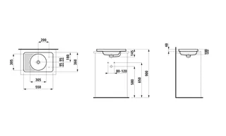Laufen Einbau-Waschtisch von oben VAL 360x550x145 ohne Hahnloch mit Überlauf Ablg. links u. rechts LCC weiß – Bild 2