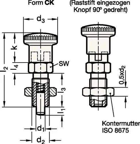 Rastbolzen GN 817 d1 6mm d2 M12 x 1,5mm l1 6mm Stahl,o.Rastsperre,m.Kontermutter