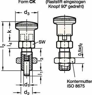 Rastbolzen GN 817 d1 6mm d2 M12 x 1,5mm l1 6mm Stahl,o.Rastsperre,m.Kontermutter