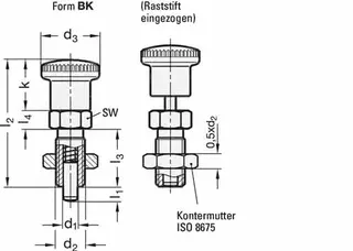 Rastbolzen GN 817 d1 8mm d2 M16 x 1,5mm l1 12mm Stahl,o.Rastsperre,m.Kontermut.