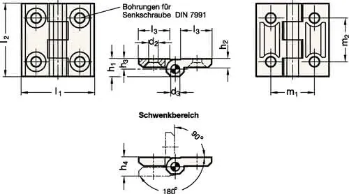 Scharnier GN 237 H.40mm B.40mm S.2mm Zink-Druckguss m.Bohrungen