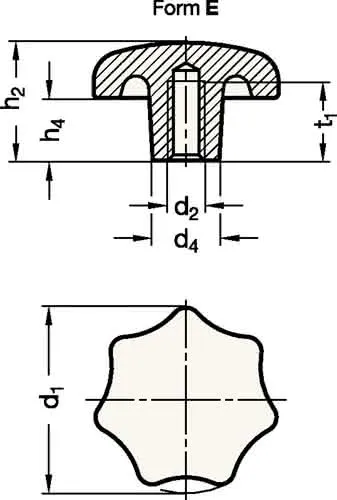 Sterngriff DIN 6336 m.Gewindebuchse Ku.d1 50mm d2 M 10mm