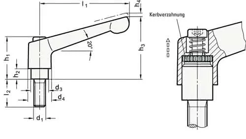Verstellbarer Klemmhebel GN 300 d1 M 10mm l1 78mm l2 32mm AG GANTER