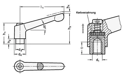 Verstellbarer Klemmhebel GN 300 d1 M 12mm l1 92mm IG GANTER