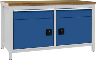 Werkbank lichtgrau signalblau B1500xH859xT750mm Buche Multip.40mm