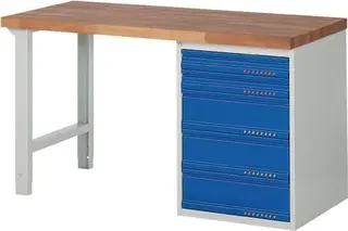 Werkbank Ser.BK 650 B1500xT700xH840mm Buche massiv lichtgrau enzianblau