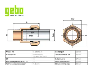 gebomessing, Messing-KLV Serie 313 Typ MAS 1/2" für Stahlrohr – Bild 2