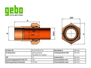 gebomessing, Messing-KLV Serie 310 Typ MAS 1/2" x 15 mm für Kupferrohr – Bild 3
