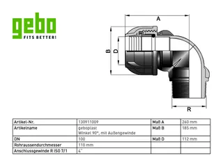 geboplast Kunststoff-Klemmverbinder Typ PWA 110mm x 4", Winkel mit Außengew. – Bild 2