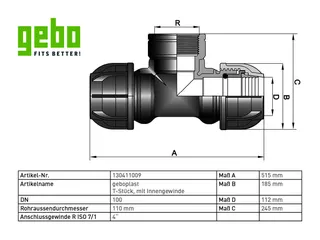 geboplast Kunststoff-Klemmverbinder Typ PTI 110mm x 4" x 110mm mit Innengew. – Bild 3