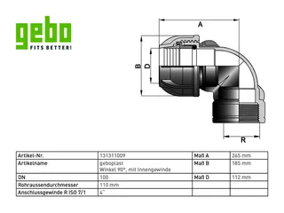 geboplast Kunststoff-Klemmverbinder Typ PWI 110mm x 4",Winkel m. Innengew. – Bild 2