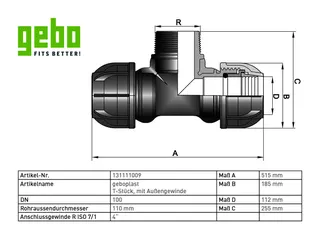 geboplast Kunststoff-Klemmverbinder Typ PTA 110mm x 4" x 110mm mit Außengew. – Bild 4