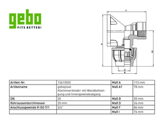 geboplast Kunststoff-Klemmverbinder Typ PWIW 25mm x 3/4", m. Wandbefestigung – Bild 3