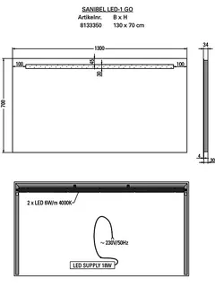 sanibel Leuchtspiegel LED-1 GO A18 Lichtstreifen oben 1300x700mm (BxH) – Bild 2