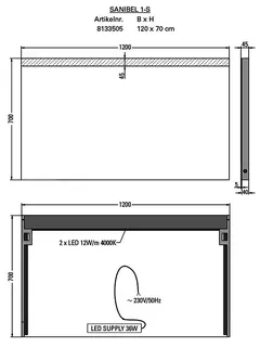 sanibel Leuchtspiegel LED-1S A18 mit satiniertem Lichtstreifen 1200x700mm – Bild 2
