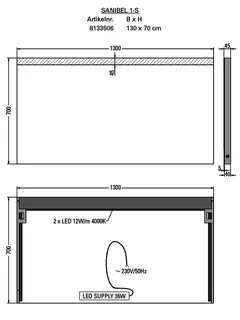 sanibel Leuchtspiegel LED-1S A18 mit satiniertem Lichtstreifen 1300x700mm – Bild 2