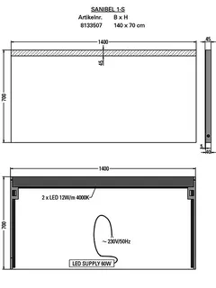 sanibel Leuchtspiegel LED-1S A18 mit satiniertem Lichtstreifen 1400x700mm – Bild 2