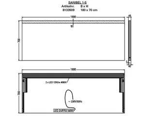 sanibel Leuchtspiegel LED-1S A18 mit satiniertem Lichtstreifen 1800x700mm – Bild 2