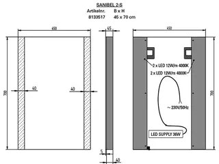 sanibel Leuchtspiegel LED-2S A18 mit satinierten Lichtstreifen L/R 450x700mm – Bild 2