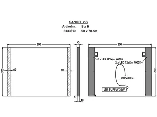 sanibel Leuchtspiegel LED-2S A18 mit satinierten Lichtstreifen L/R 900x700mm – Bild 2