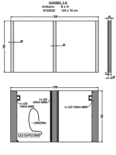 sanibel Leuchtspiegel LED-3S A18 mit satiniert Lichtstreifen L/M/R 1200x700mm – Bild 2
